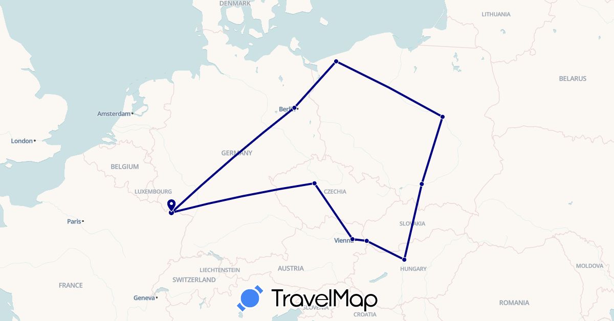TravelMap itinerary: driving in Austria, Czech Republic, Germany, France, Hungary, Poland, Slovakia (Europe)